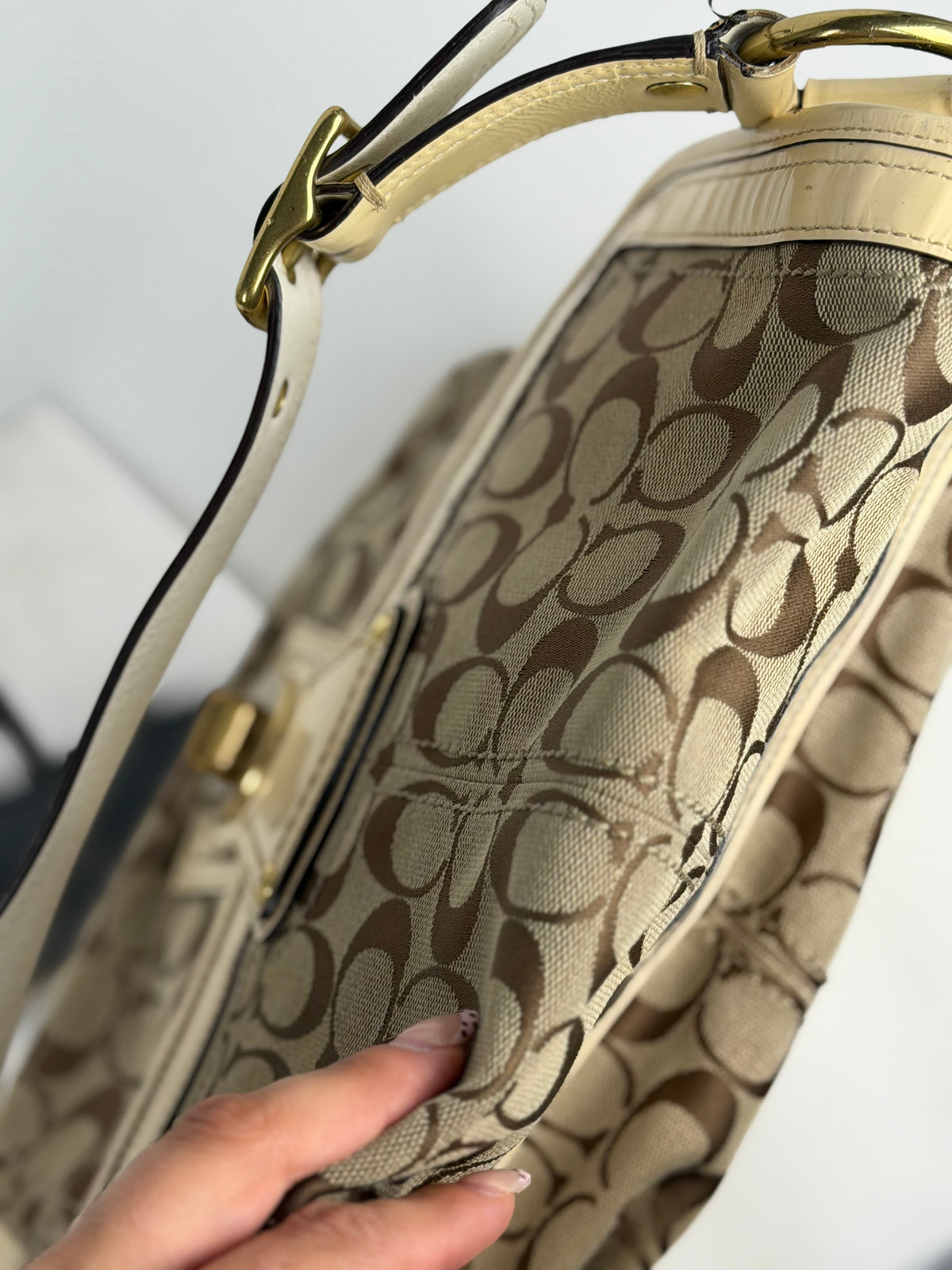 Coach F12857 Legacy Ali Signature Brown Monogram Shoulder Bag Cream Patent Leather Trim
