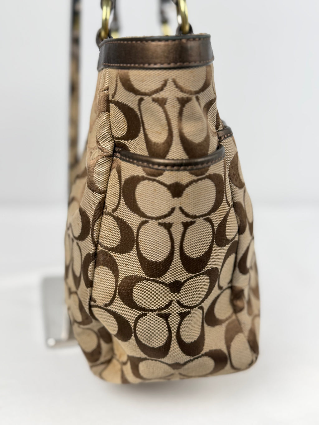 Coach F17726 Signature Brown Shoulder Tote Bag Leather Trim