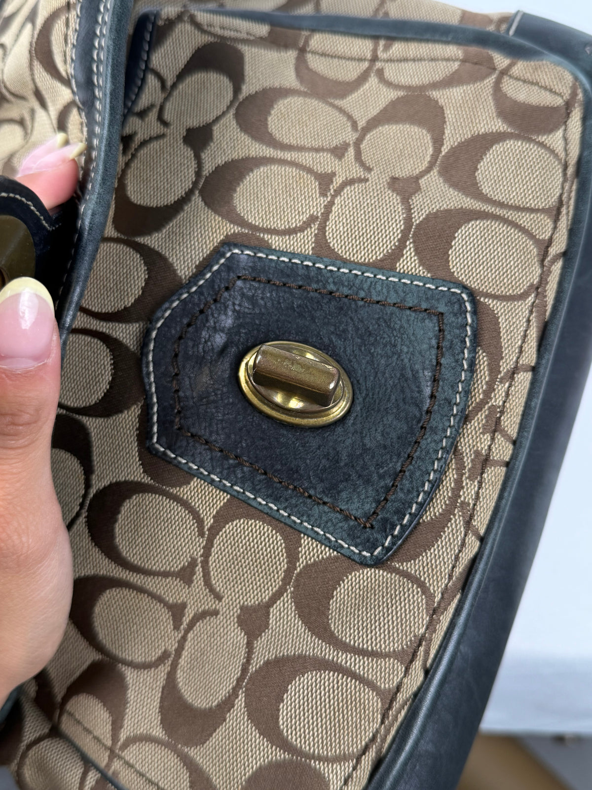 Coach 10338 Ali Legacy Turnlock Flap Signature Brown Monogram Shoulder Bag Black Leather Trim