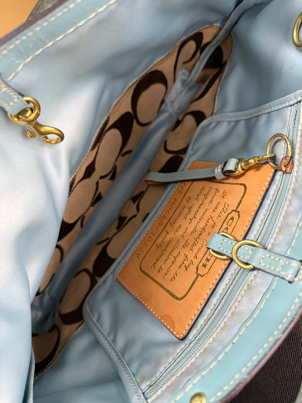 Coach 10124 Signature Brown/Blue Monogram Shoulder Tote Bag Leather Trim