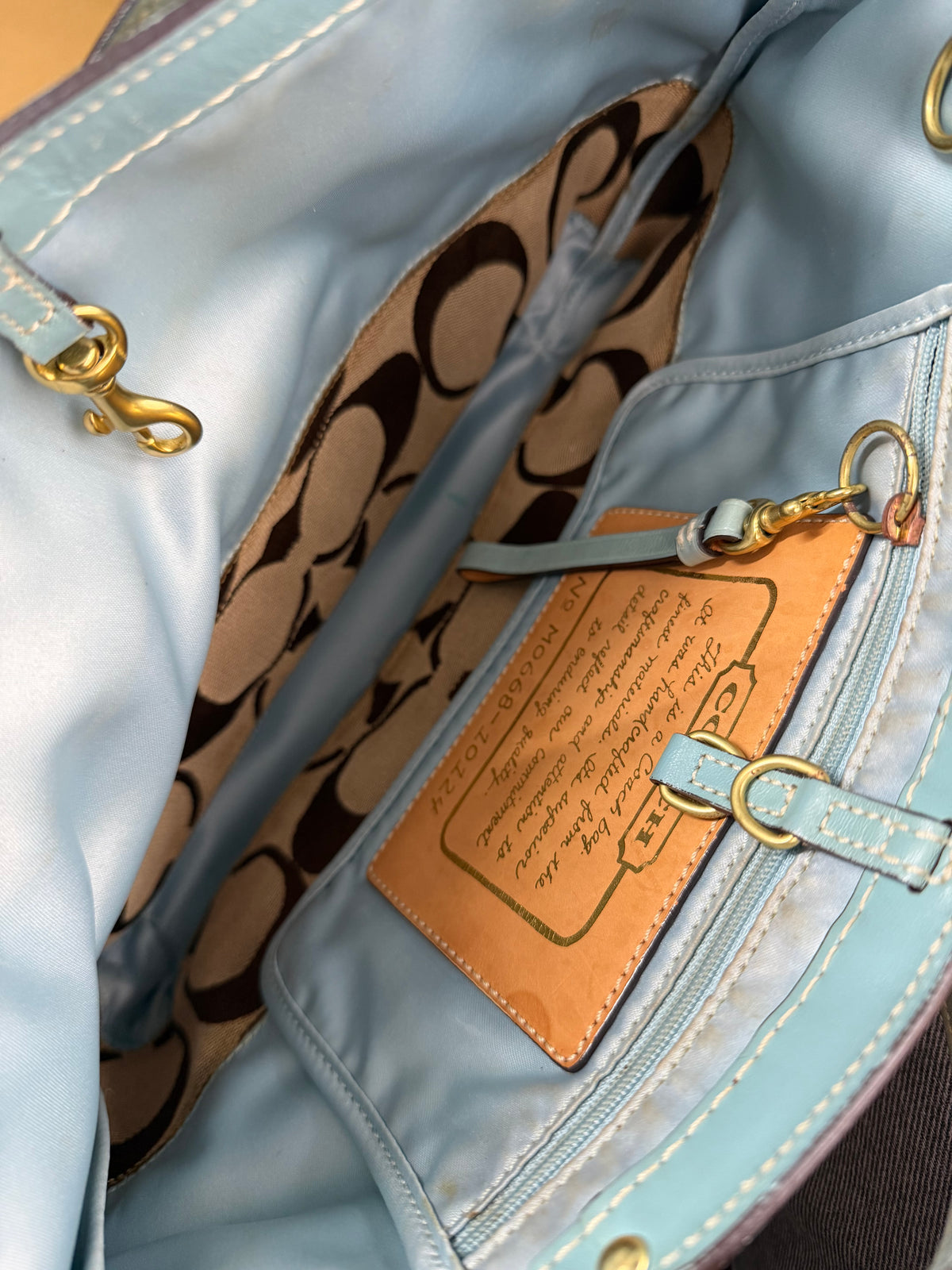 Coach 10124 Signature Brown/Blue Monogram Shoulder Tote Bag Leather Trim
