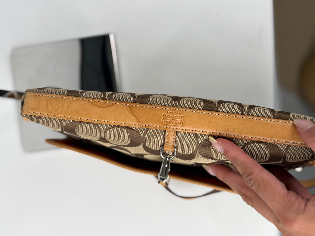 Coach 6348 Demi Clip Signature Brown Monogram Shoulder Bag Tan Leather Trim