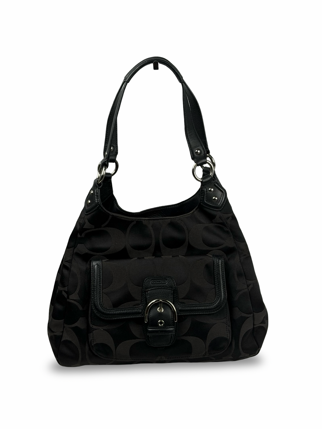 Coach F24742 Soho Black Moogram Shoulder Bag Black Leather Trim