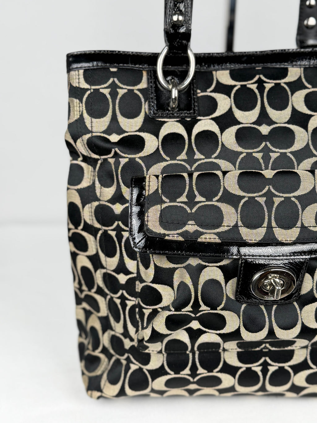 Coach F19262 Signature Black/Grey Monogram Turnlock Shoulder Bag Leather Trim