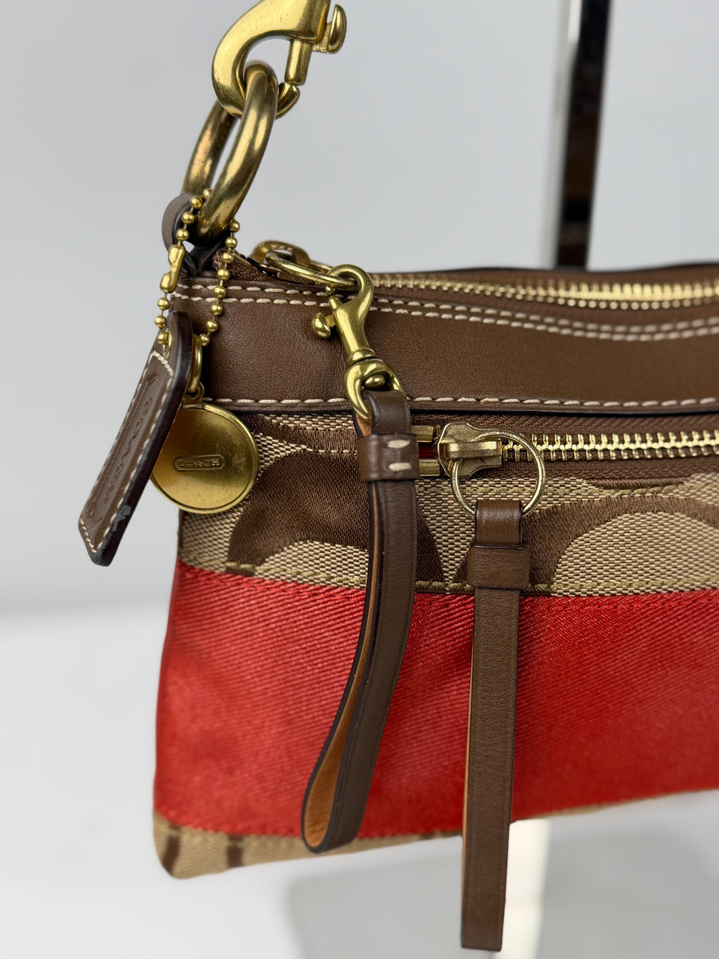 Coach 10120 Signature Brown/Red Monogram Shoulder Bag Leather Trim