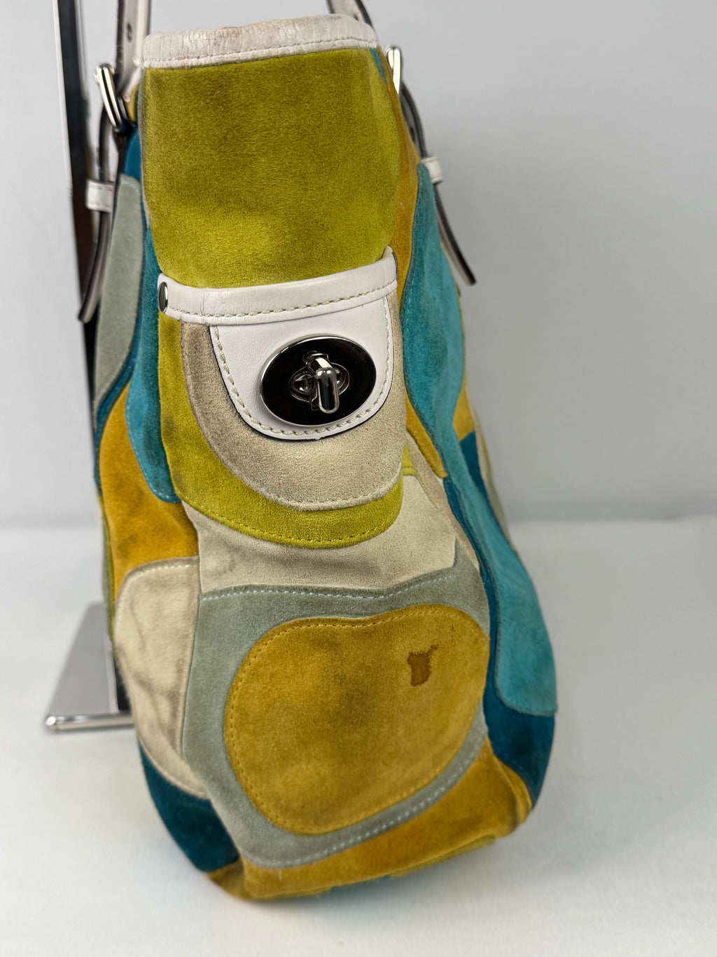 Coach 3682 Rare Yellow/Green/Blue Suede Patchwork Shoulder Bag White Leather Trim