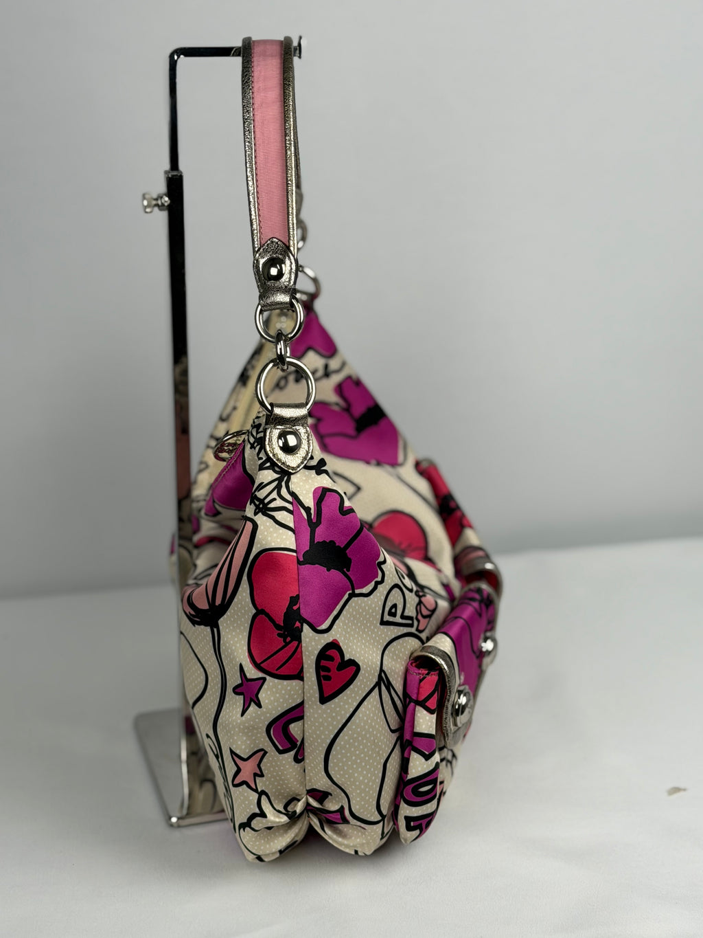 Coach F16493 Poppy Graffiti Floral Pink/Purple/Cream Shoulder Bag Leather Trim