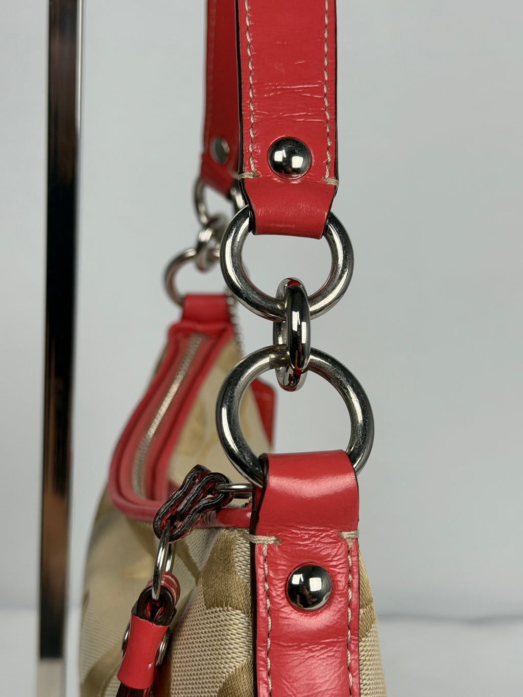 Coach F15111 Signature Beige Monogram Shoulder Bag Red Leather Trim