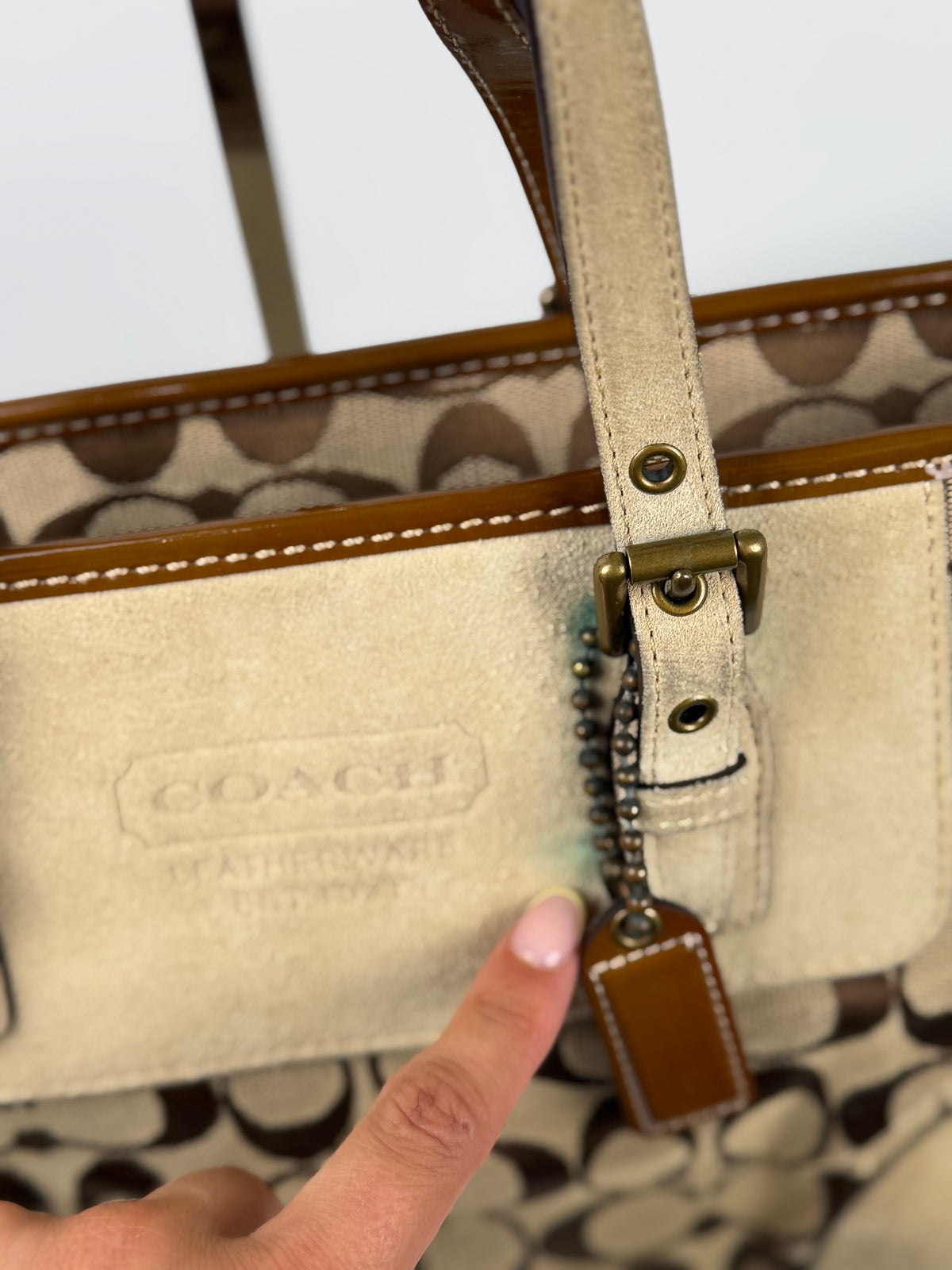 Coach 1443 Signature Brown monogram Tote Shoulder Bag Suede Leather Trim