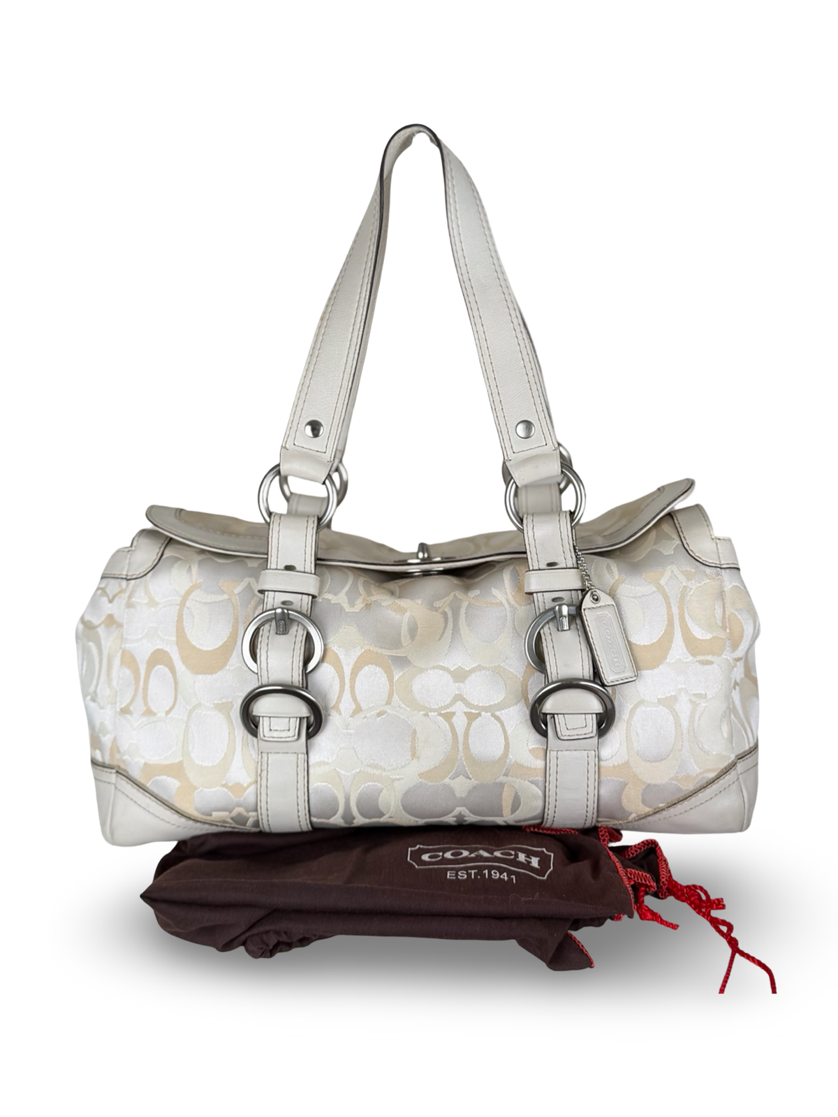 Coach 10145 Chelsea Turnlock White Cream Op Art Monogram Shoulder Bag Leather Trim