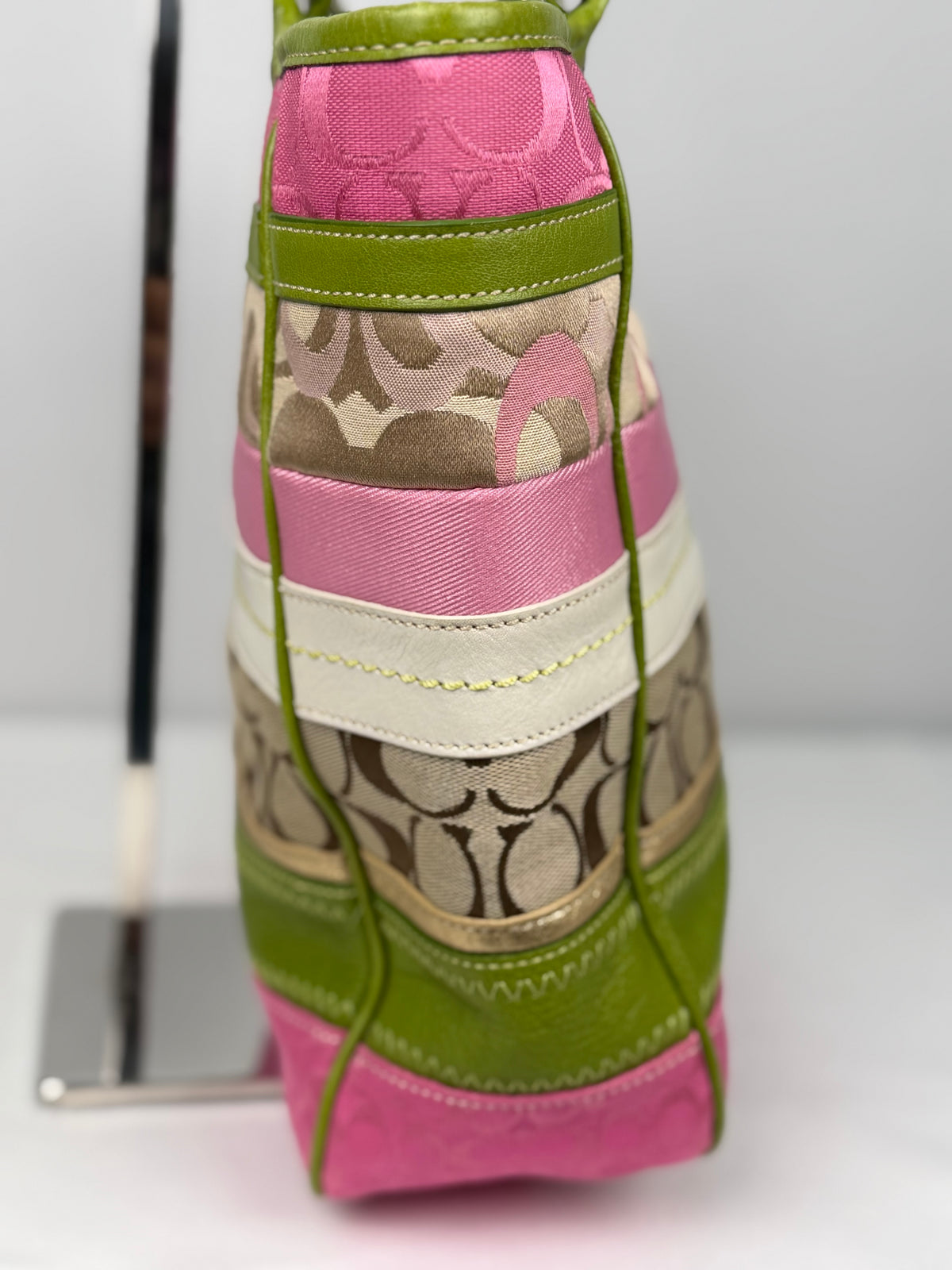 Coach F14726 Bleecker RARE Patchwork Pink/Green Monogram Shoulder Bag Leather Trim