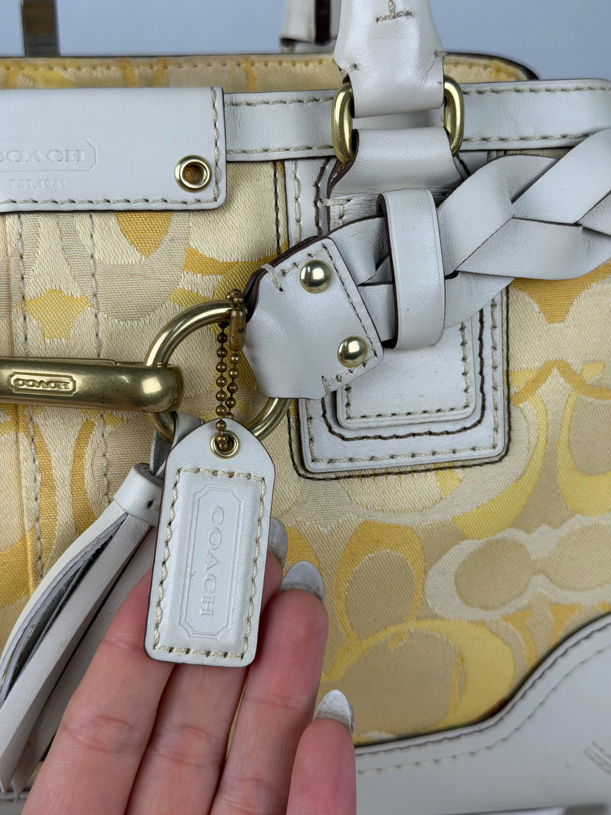 Coach 10785 Hampton Clip Op Art Yellow Monogram White Leather Trim Shoulder Bag