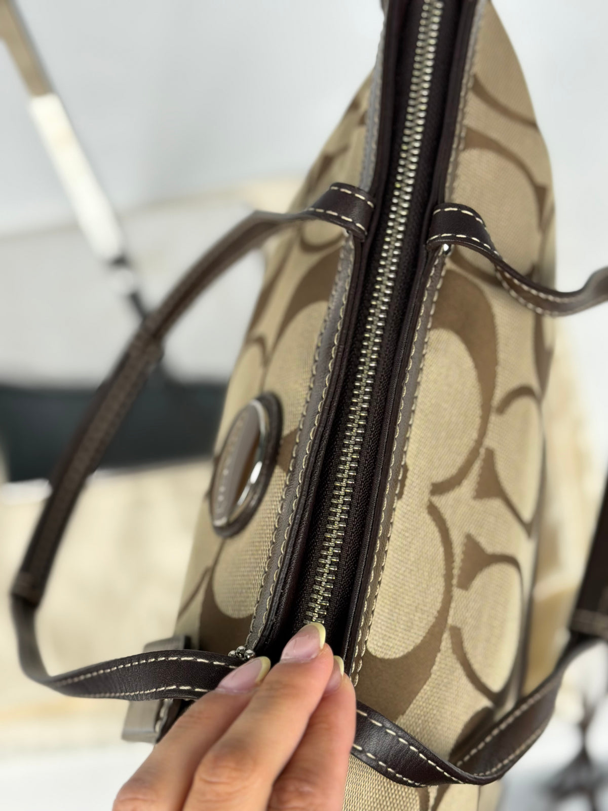 Coach F15112 Signature Brown Monogram Tote Shoulder Bag Leather Trim