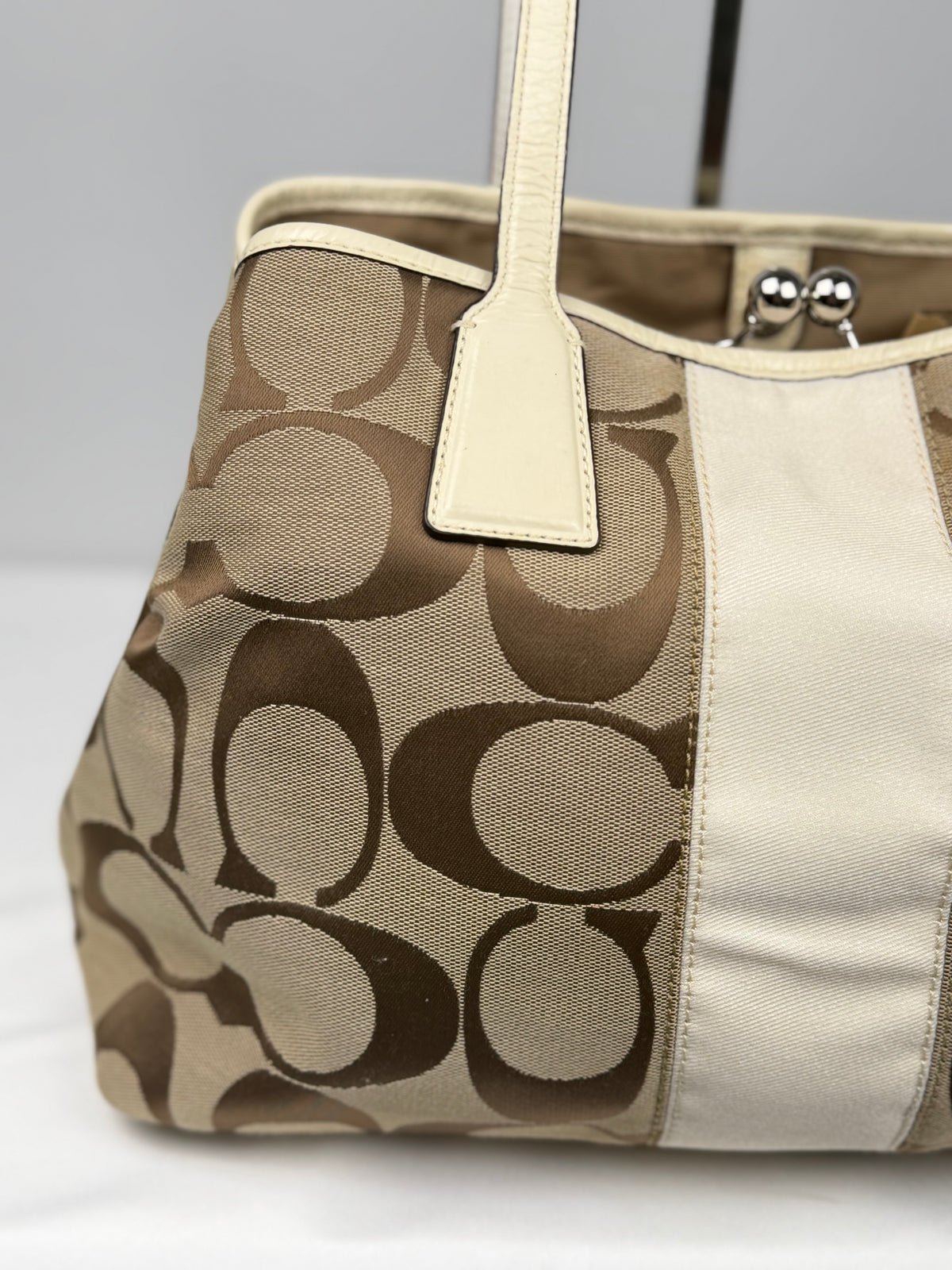 Coach F13533 Signature Brown Monogram Kisslock Shoulder Bag Cream Leather Trim