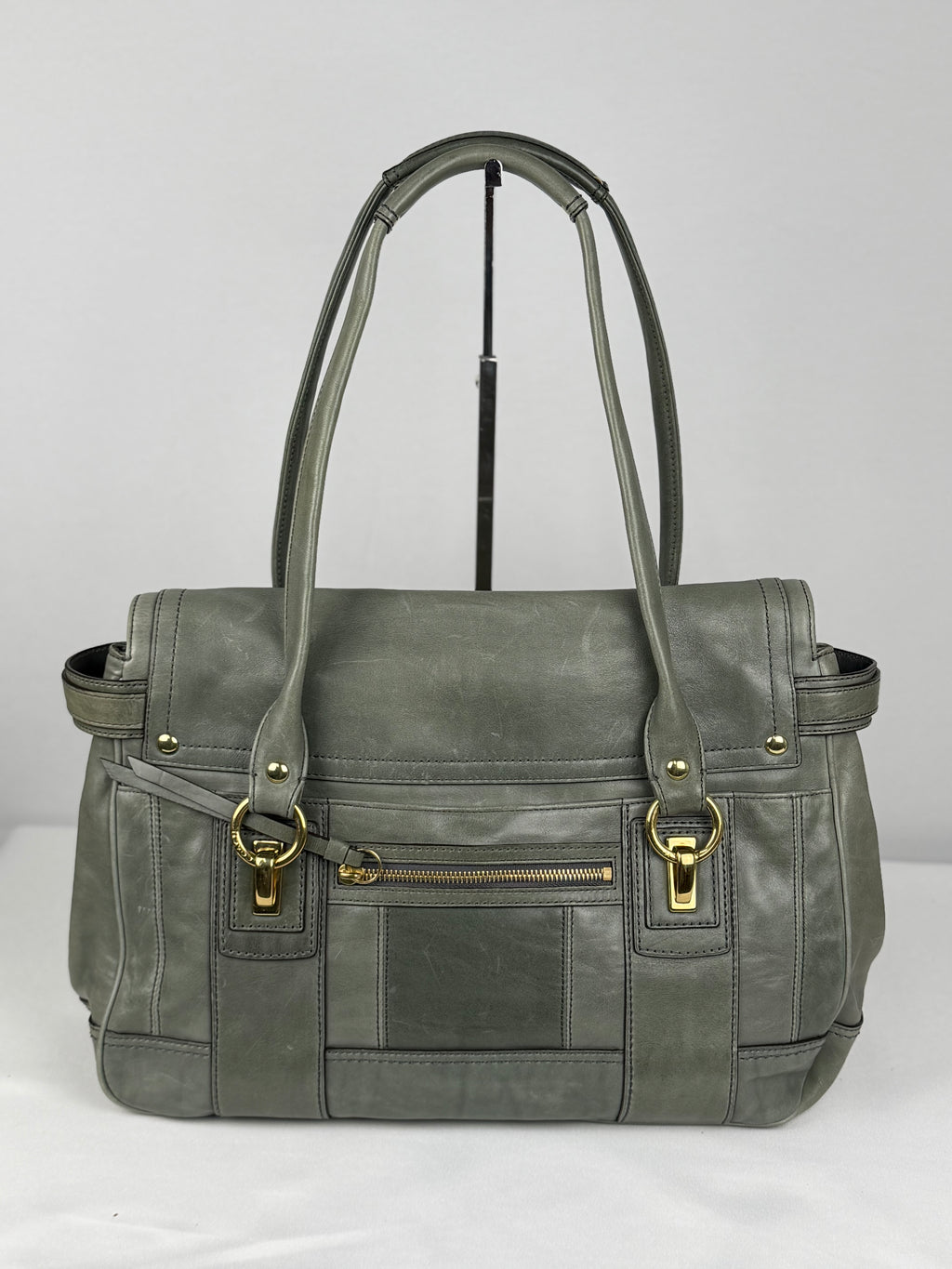 Coach 12442 Rare Hampton Lindsay Turnlock Green/Grey Leather Flap Satchel Shoulder Bag