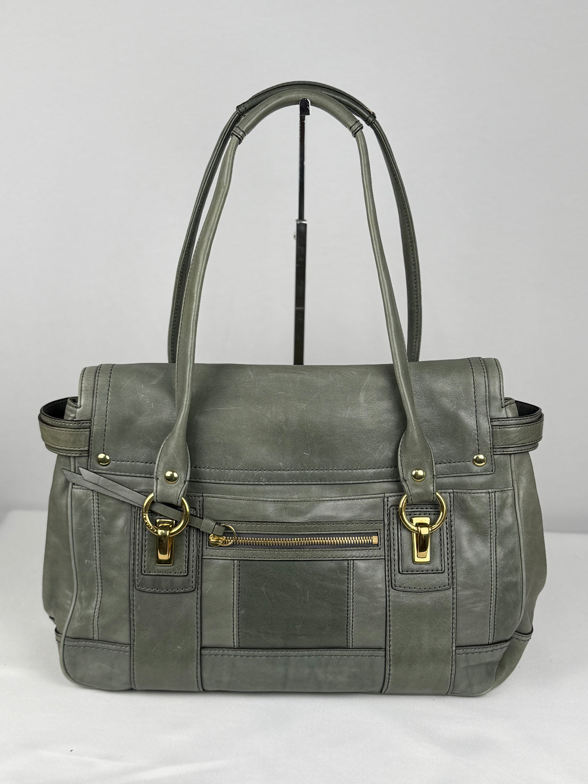 Coach 12442 Rare Hampton Lindsay Turnlock Green/Grey Leather Flap Satchel Shoulder Bag