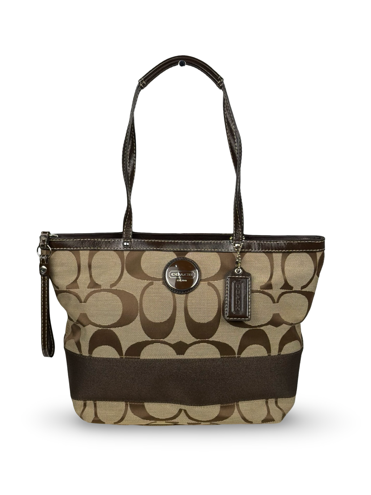 Coach F15112 Signature Brown Monogram Tote Shoulder Bag Leather Trim