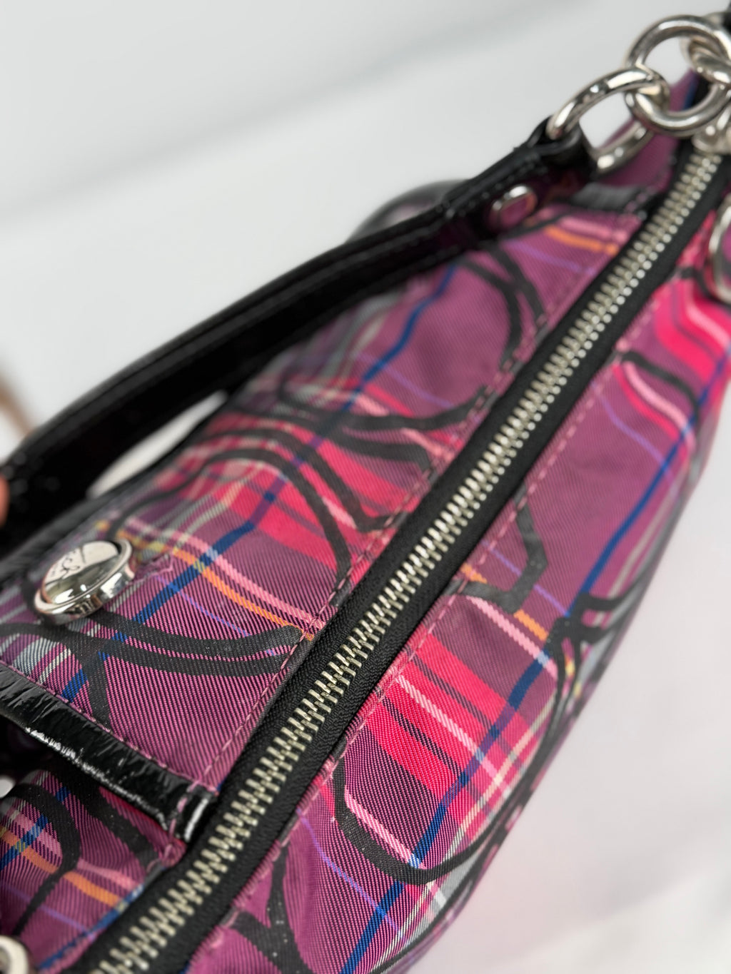 Coach 14366 Poppy Tartan Pink/Purple/Black Shoulder Bag Leather Trim