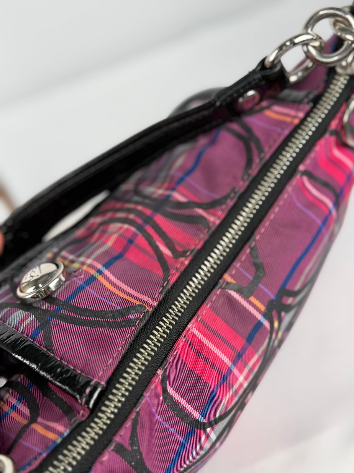 Coach 14366 Poppy Tartan Pink/Purple/Black Shoulder Bag Leather Trim