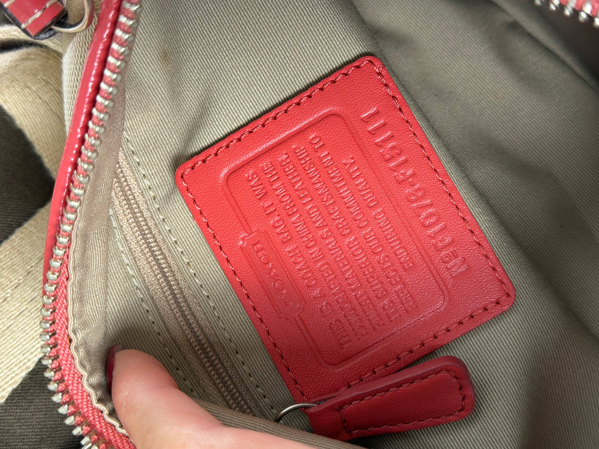 Coach F15111 Signature Beige Monogram Shoulder Bag Red Leather Trim