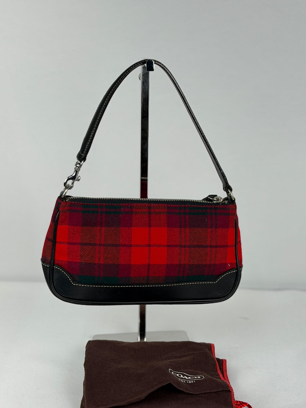 Coach Rare Red Plaid Wool Demi Shoulder Bag Black Leather Trim with dustbag