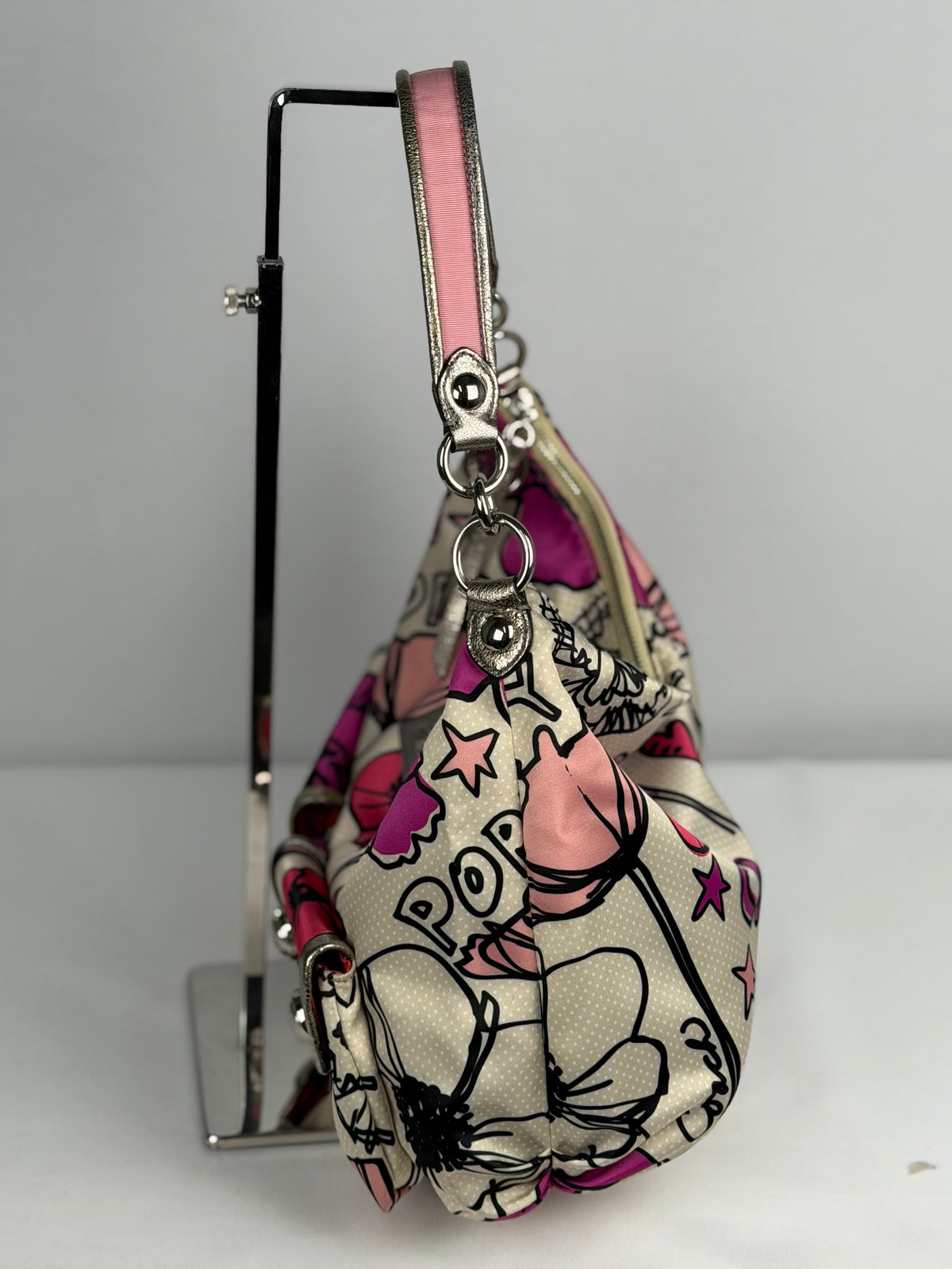 Coach F16493 Poppy Graffiti Floral Pink/Purple/Cream Shoulder Bag Leather Trim
