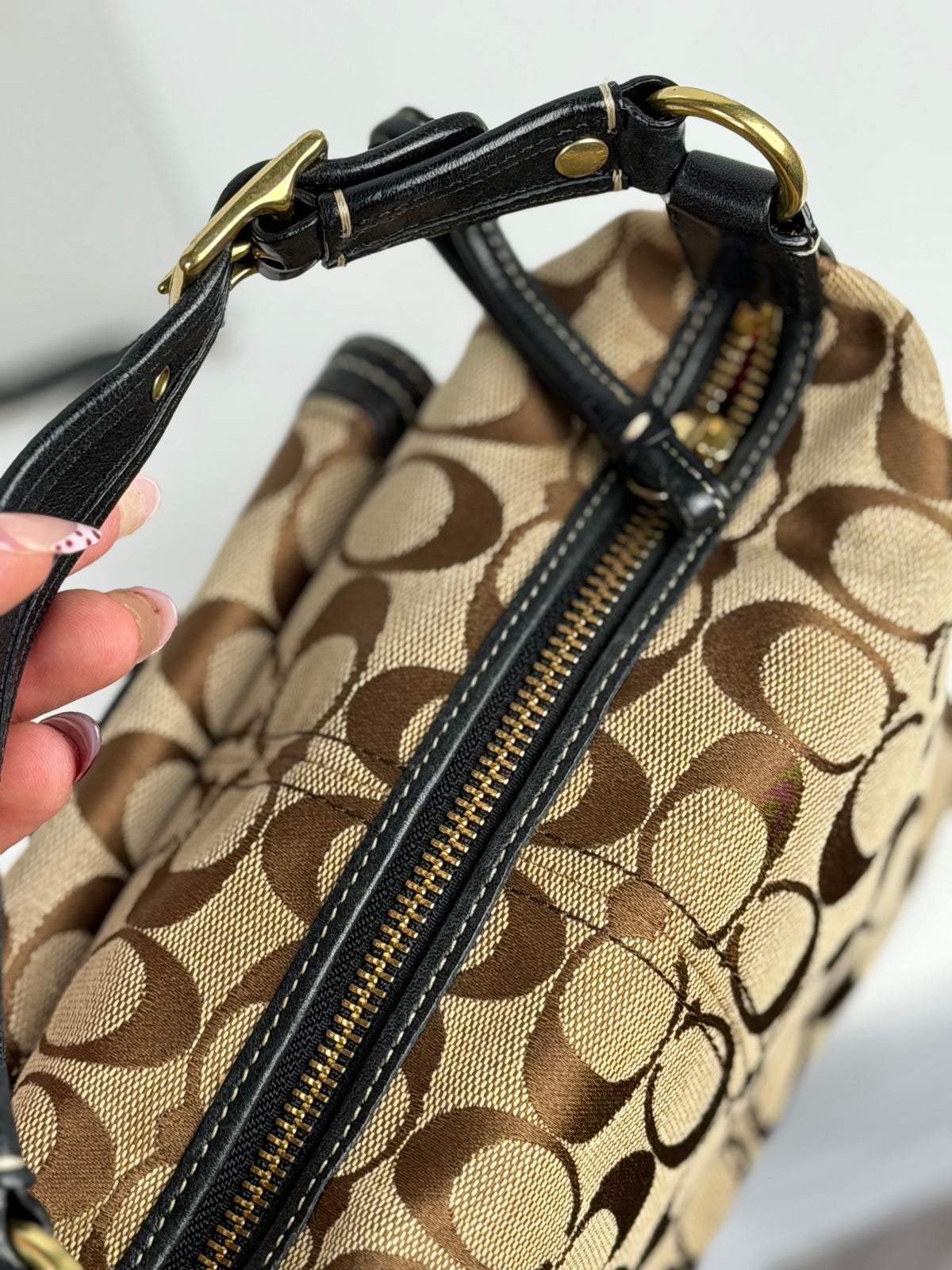 Coach 40224 Legacy Signature Brown Monogram Mini Shoulder Bag Leather Trim