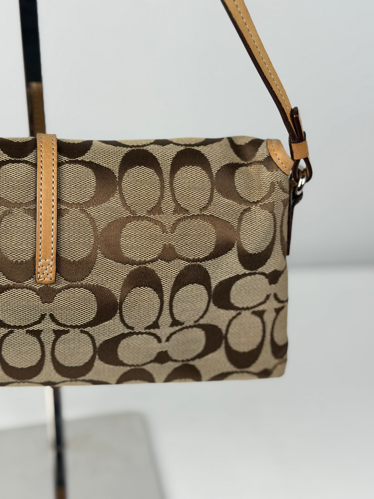 Coach 6348 Demi Clip Signature Brown Monogram Shoulder Bag Tan Leather Trim
