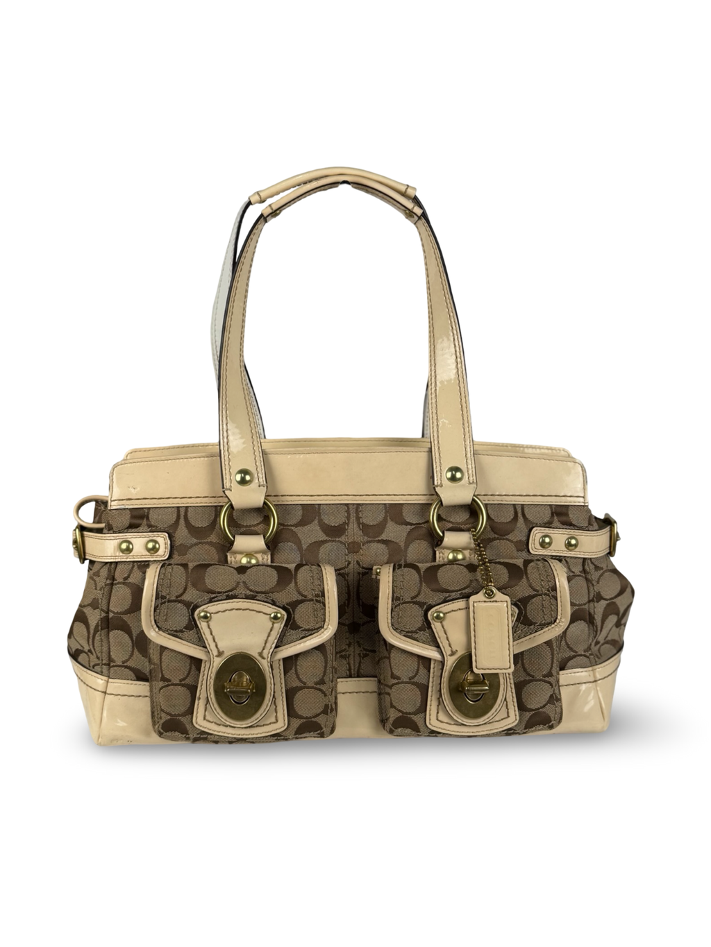Coach Legacy F13131 Signature Brown Monogram Cream Patent Leather Satchel Shoulder Bag