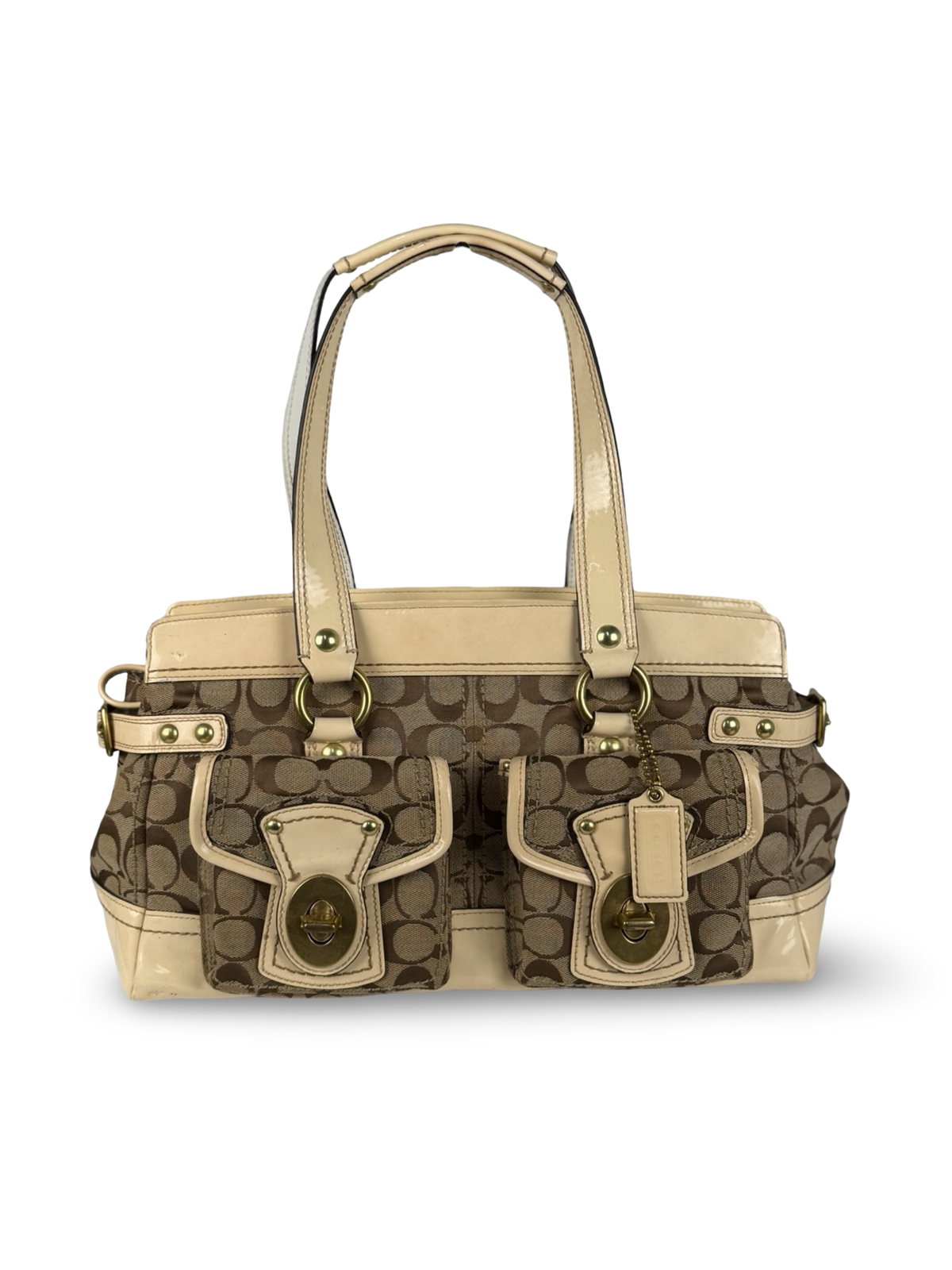 Coach Legacy F13131 Signature Brown Monogram Cream Patent Leather Satchel Shoulder Bag