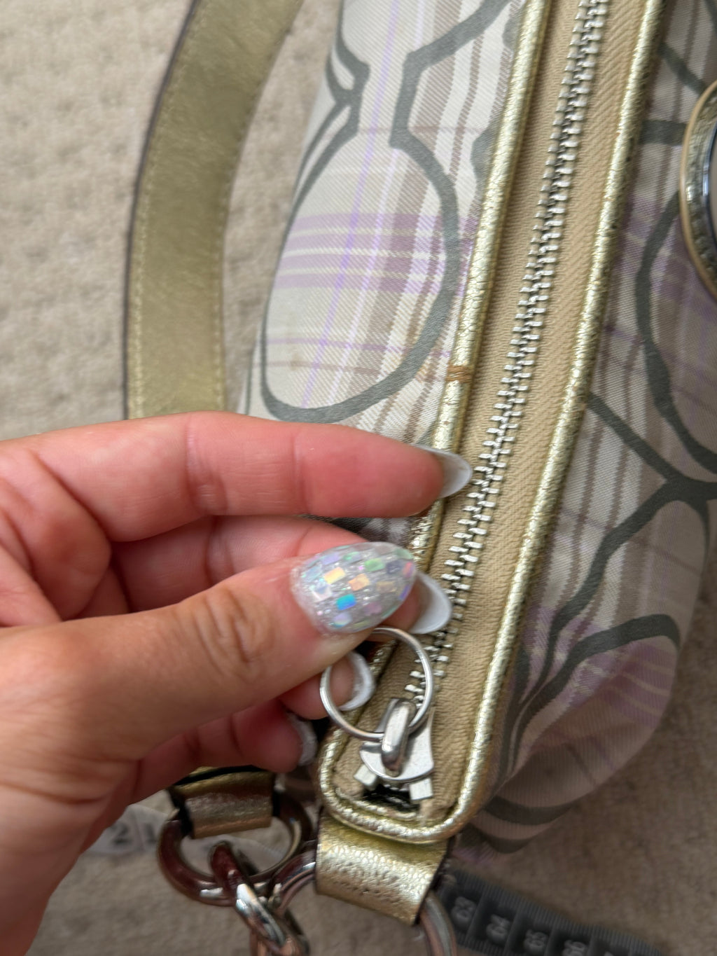 Coach F17120 Purple/Beige Checkered Monogram Shoulder Bag Leather Trim