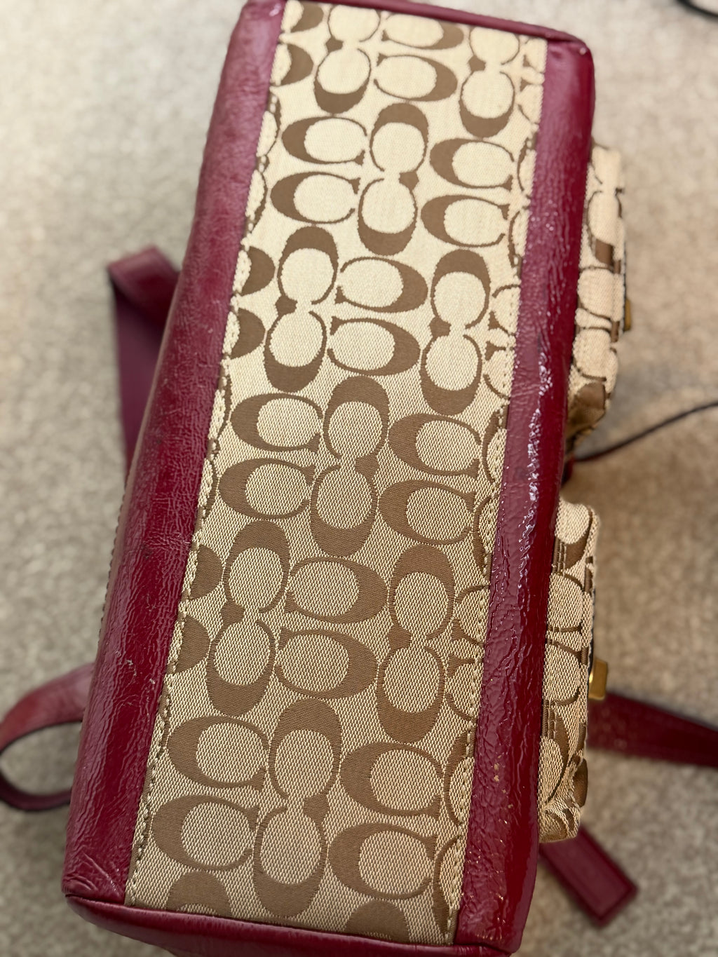 Coach F13131 Legacy Rare Turnlock Double Pocket Signature Brown Monogram Shoulder Bag Red Patent Leather Trim