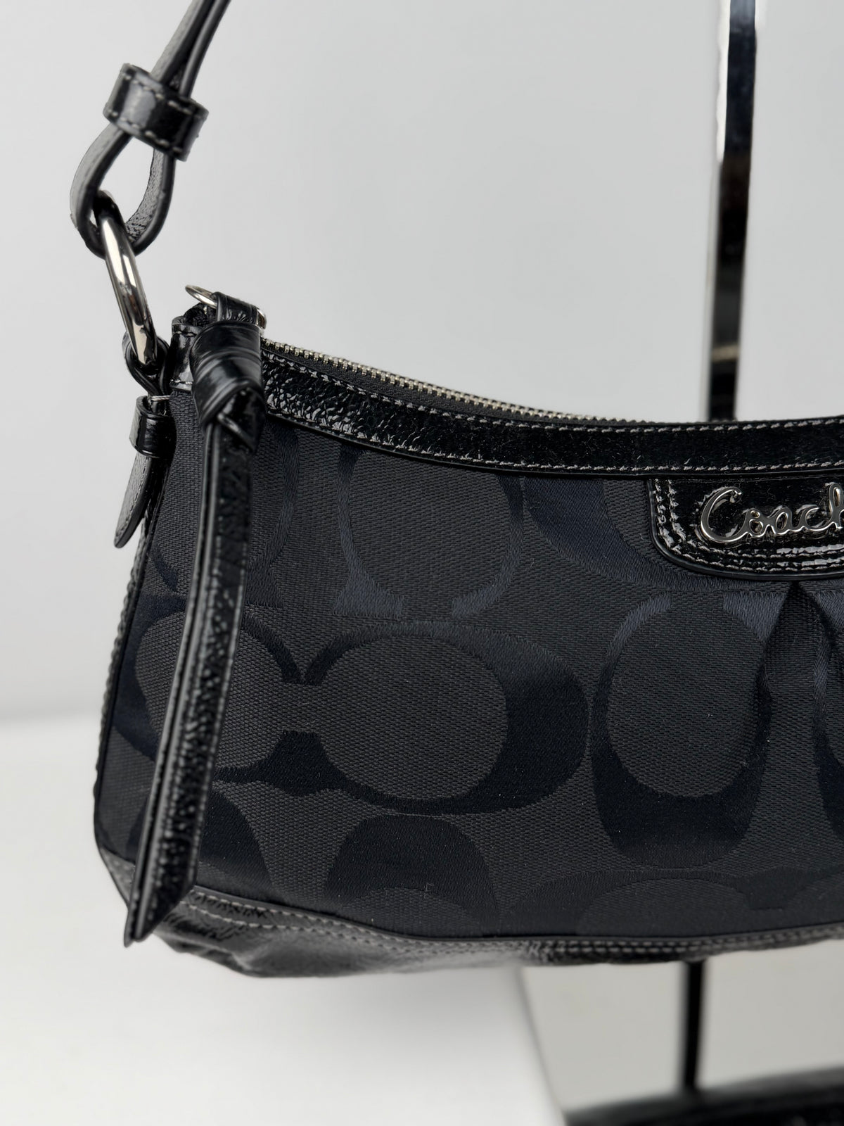Coach F19731 Signature Black Monogram Shoulder Bag Black Patent Leather Trim
