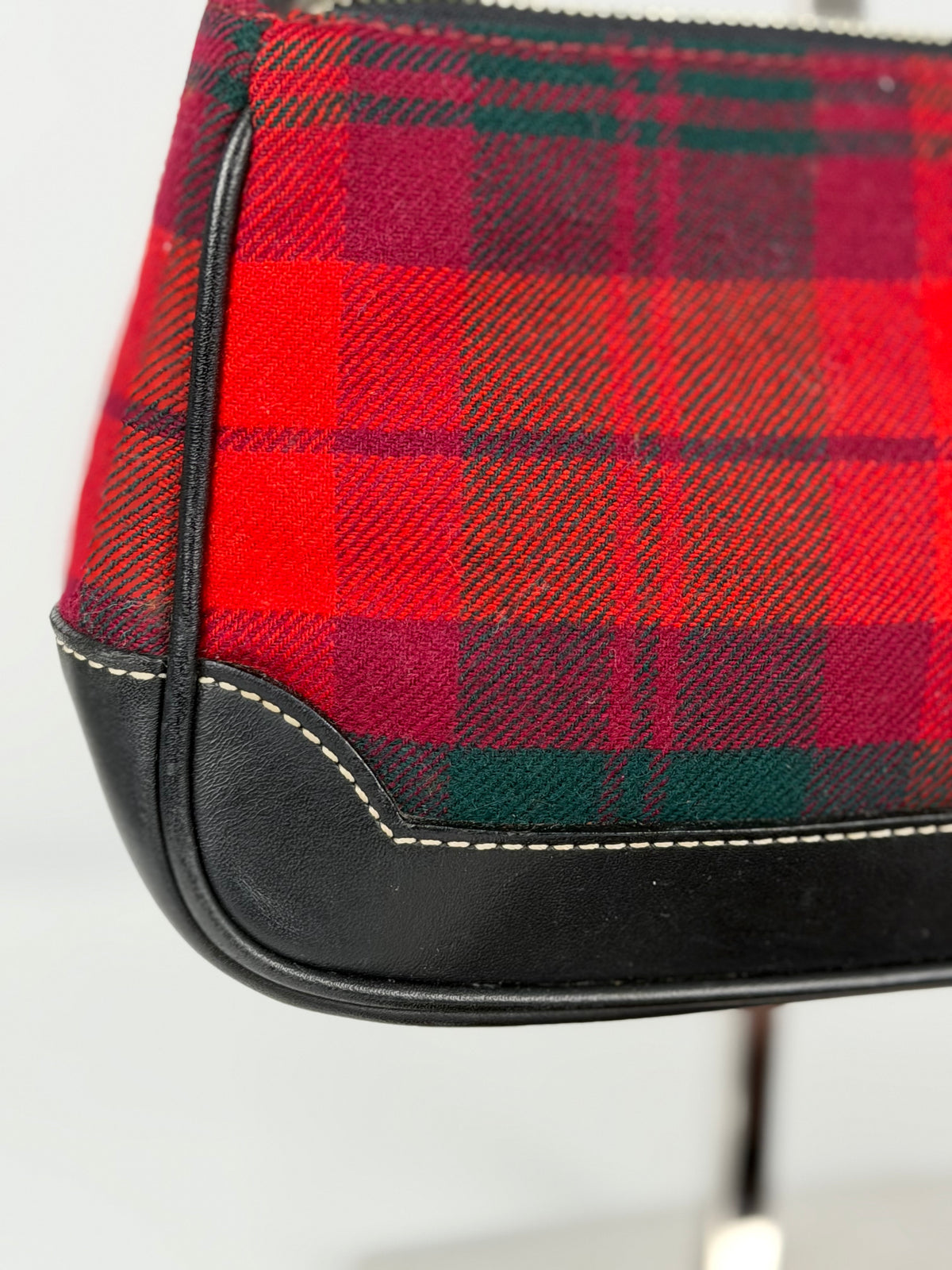 Coach Rare Red Plaid Wool Demi Shoulder Bag Black Leather Trim with dustbag