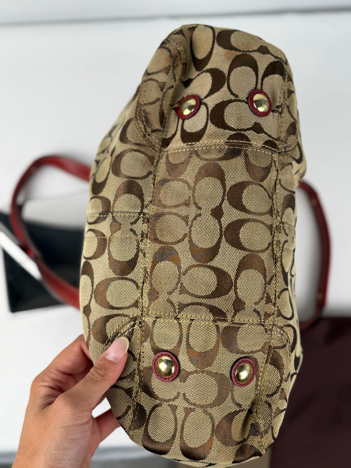 Coach 12467 Signature Brown Monogram Shoulder Bag Red Leather Trim