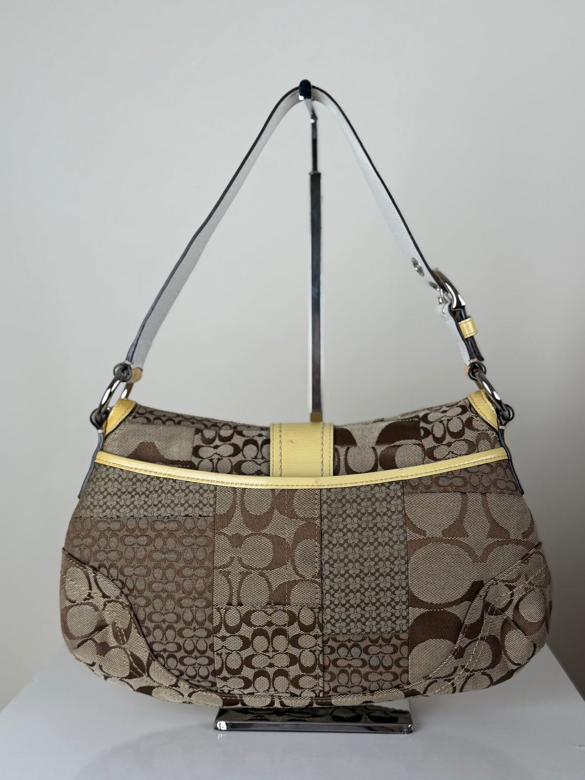 Coach F12316 Soho Signature Monogram Patchwork Shoulder Bag Yellow Patent Leather Trim