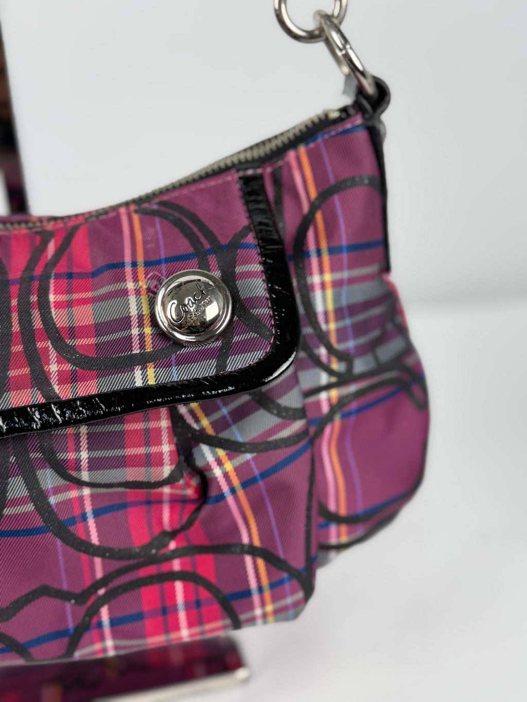 Coach 14366 Poppy Tartan Pink/Purple/Black Shoulder Bag Leather Trim