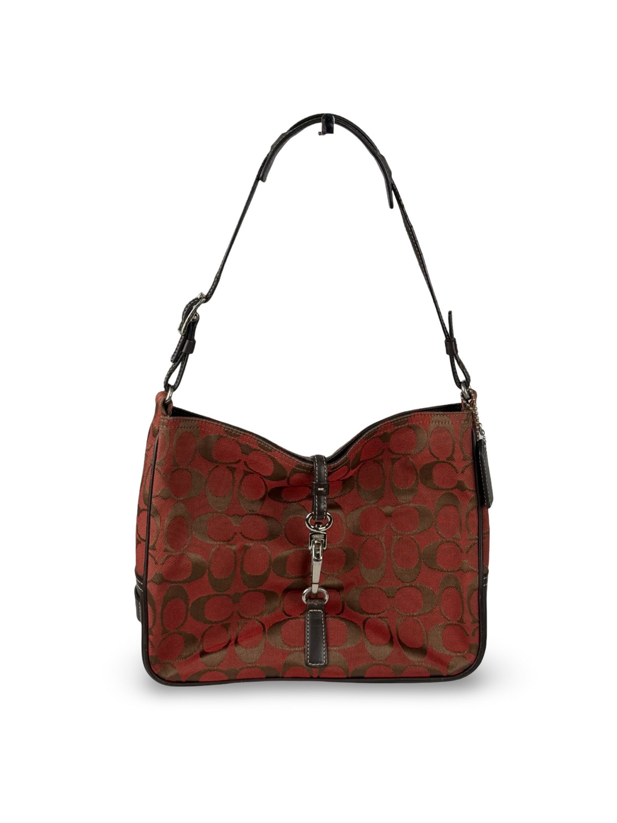 Coach 6091 Hampton Clip Signature Red/Brown Monogram Shoulder Bag Leather Trim