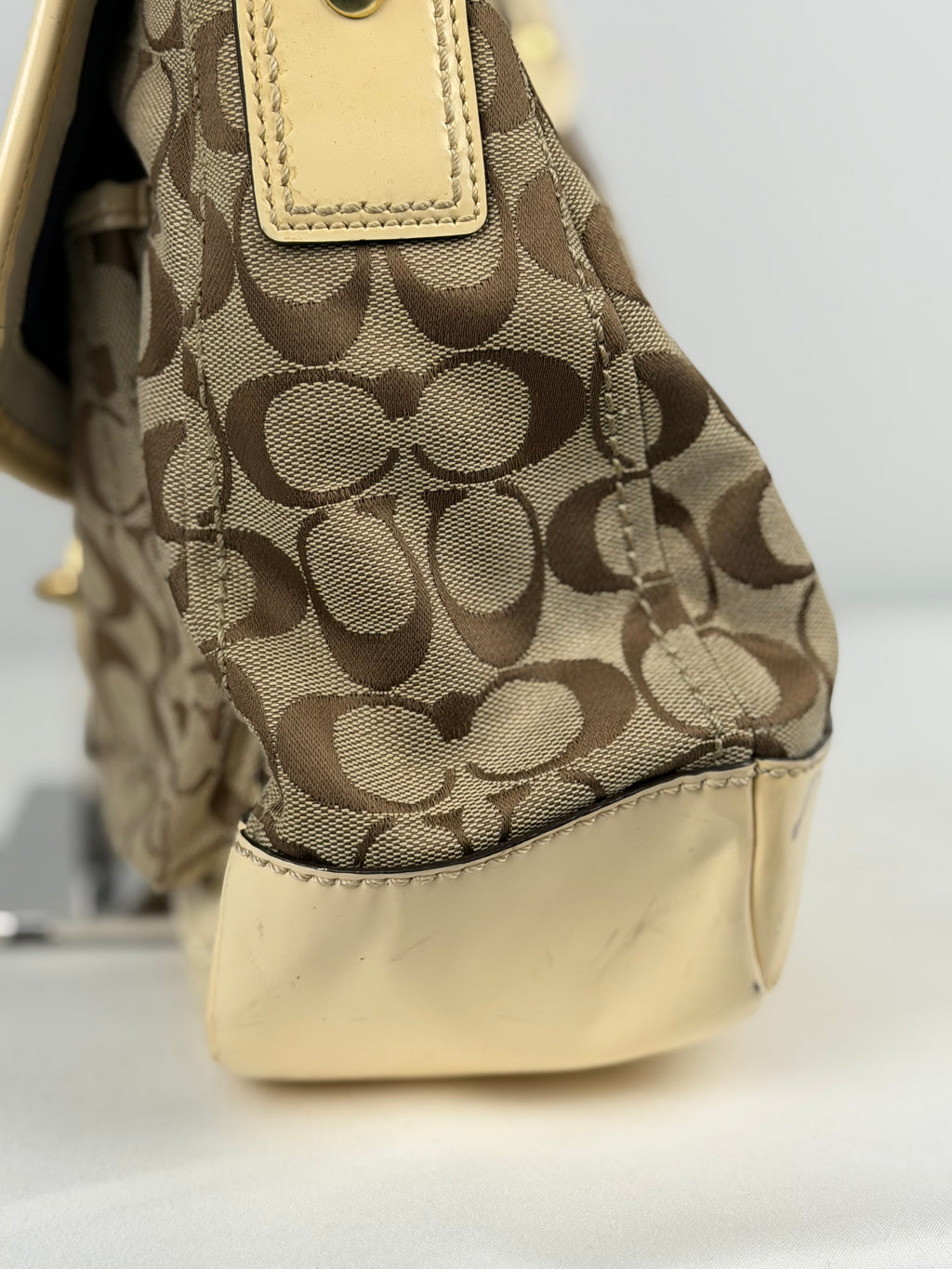 Coach F12857 Legacy Ali Signature Brown Monogram Shoulder Bag Cream Patent Leather Trim