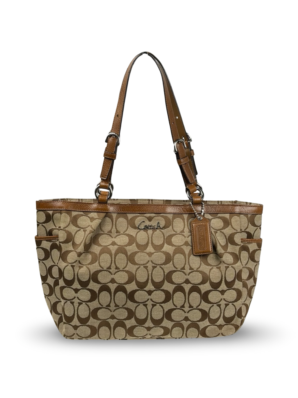 Coach F17726 Signature Brown Monogram Shoulder Bag Leather Trim