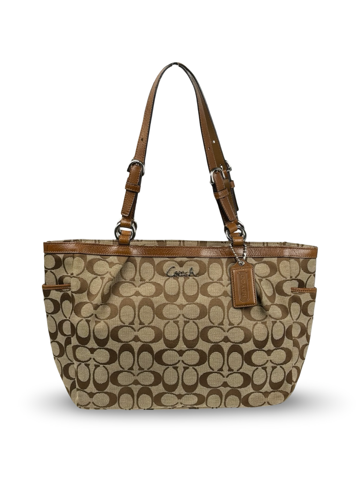 Coach F17726 Signature Brown Monogram Shoulder Bag Leather Trim