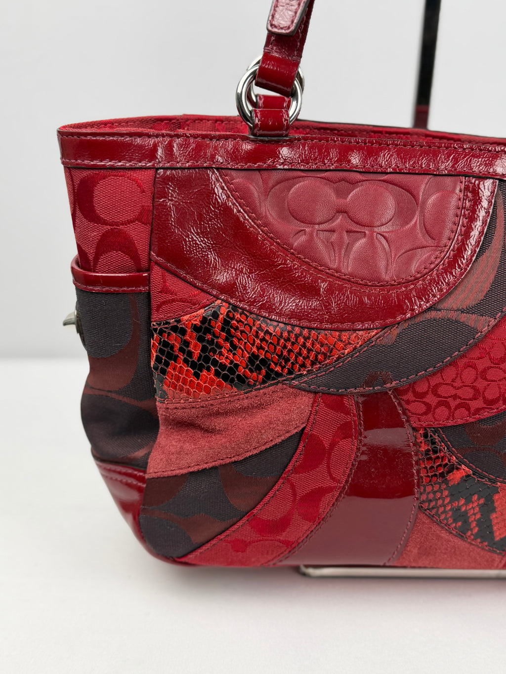 Coach F14004 Rare Red Patchwork Suede/Leather/Canvas Gallery Tote Shoulder Bag