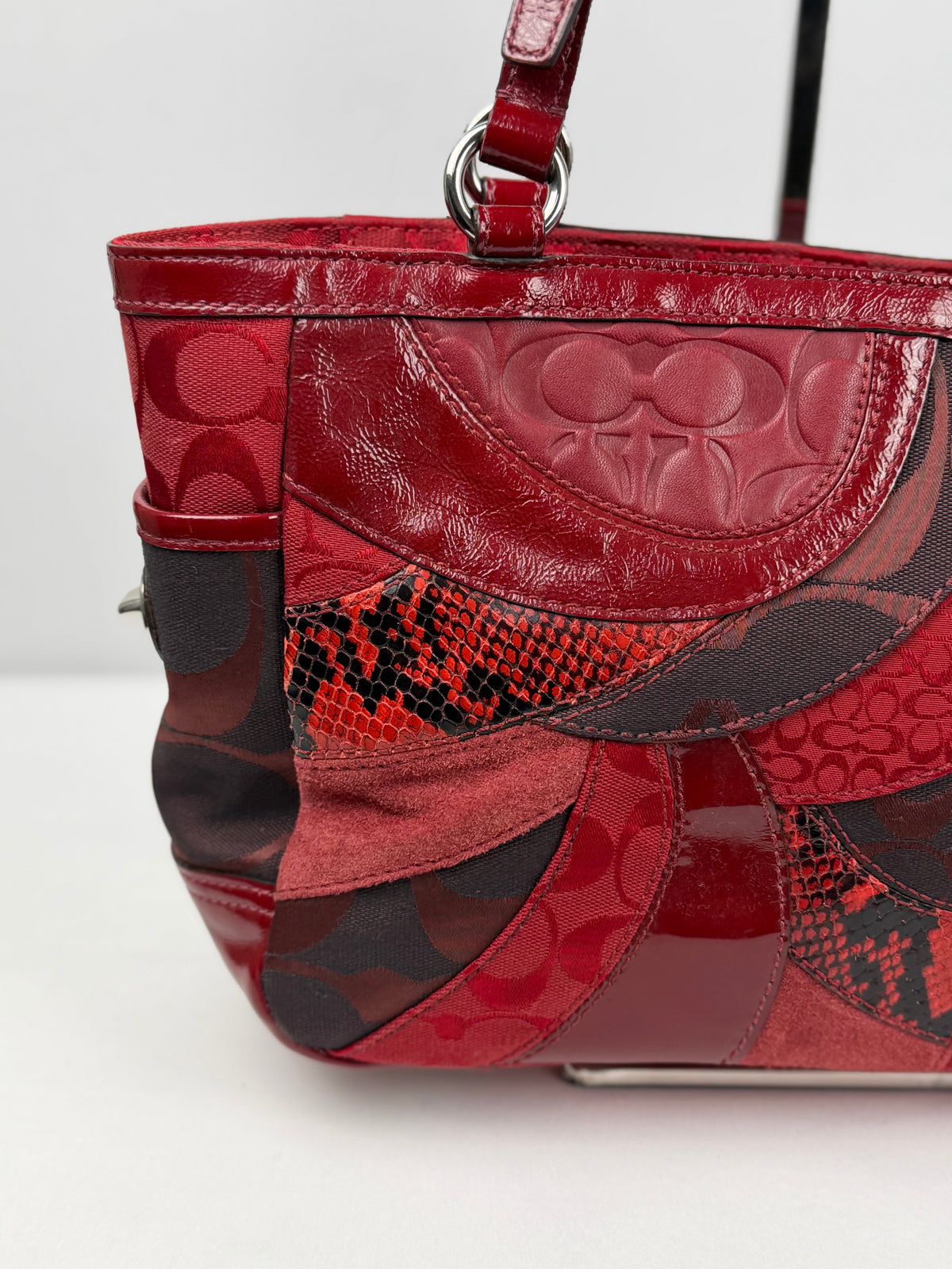 Coach F14004 Rare Red Patchwork Suede/Leather/Canvas Gallery Tote Shoulder Bag