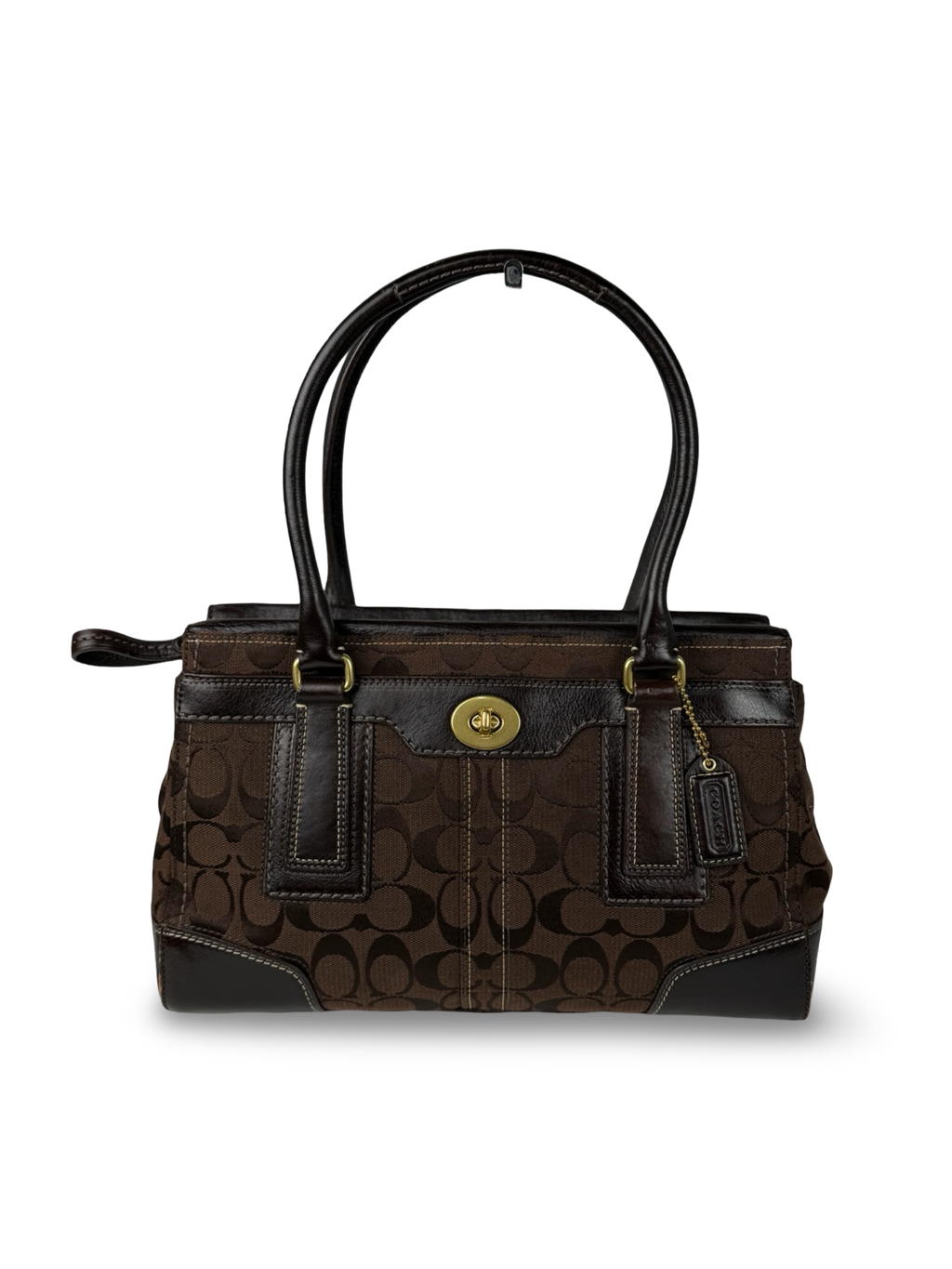 Coach 11062 Hampton Signature Chocolate Brown Monogram Shoulder Bag Leather Trim
