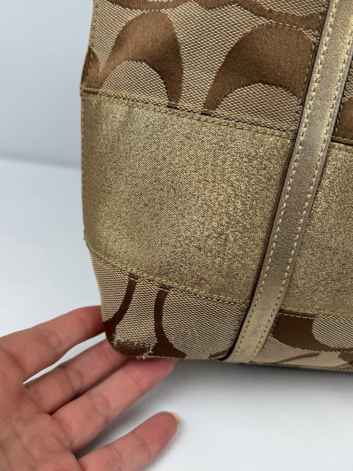 Coach 11098 Signature Brown/Gold Monogram Shoulder Tote Bag Leather Trim