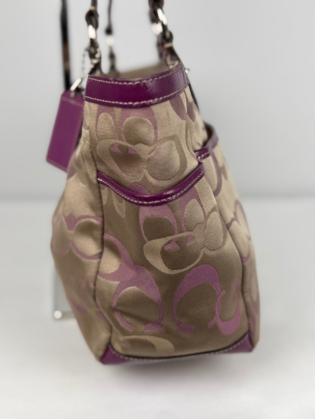 Coach F20444 Gallery Tote Optic Art Pink/Beige/Purple Shoulder Bag Leather Trim