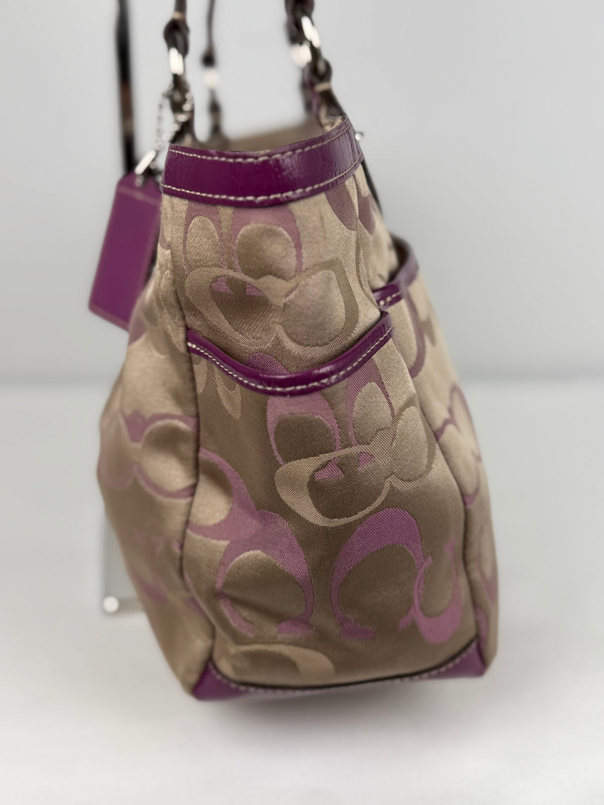 Coach F20444 Gallery Tote Optic Art Pink/Beige/Purple Shoulder Bag Leather Trim