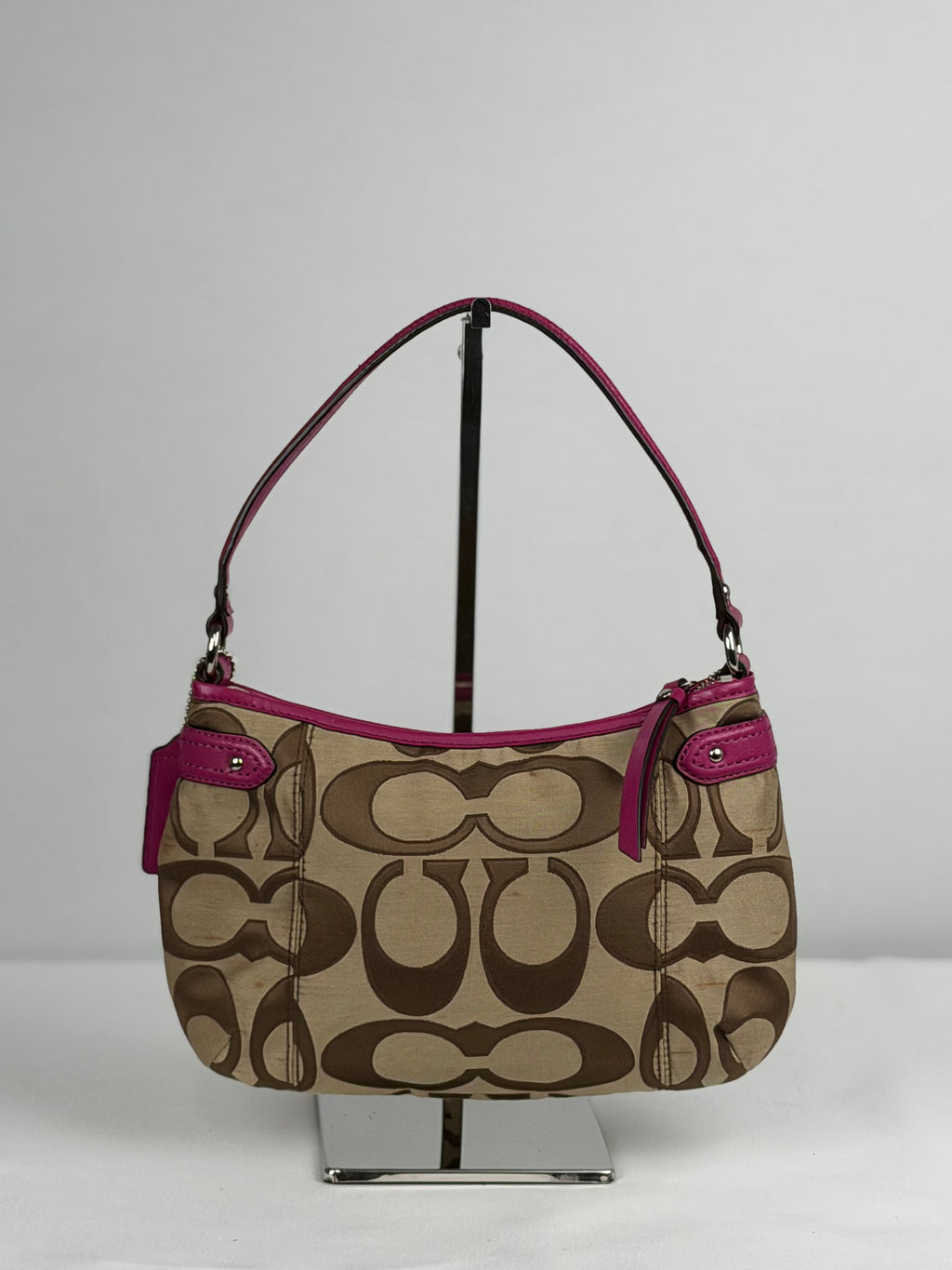 Coach F24063 Signature Brown Monogram Shoulder Bag Pink Leather Trim
