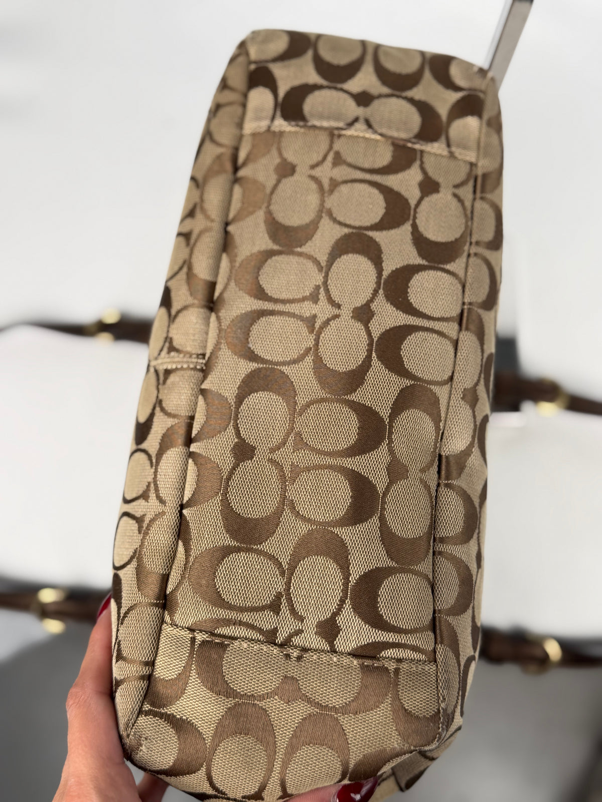 Coach F17726 Signature Brown Shoulder Tote Bag Leather Trim