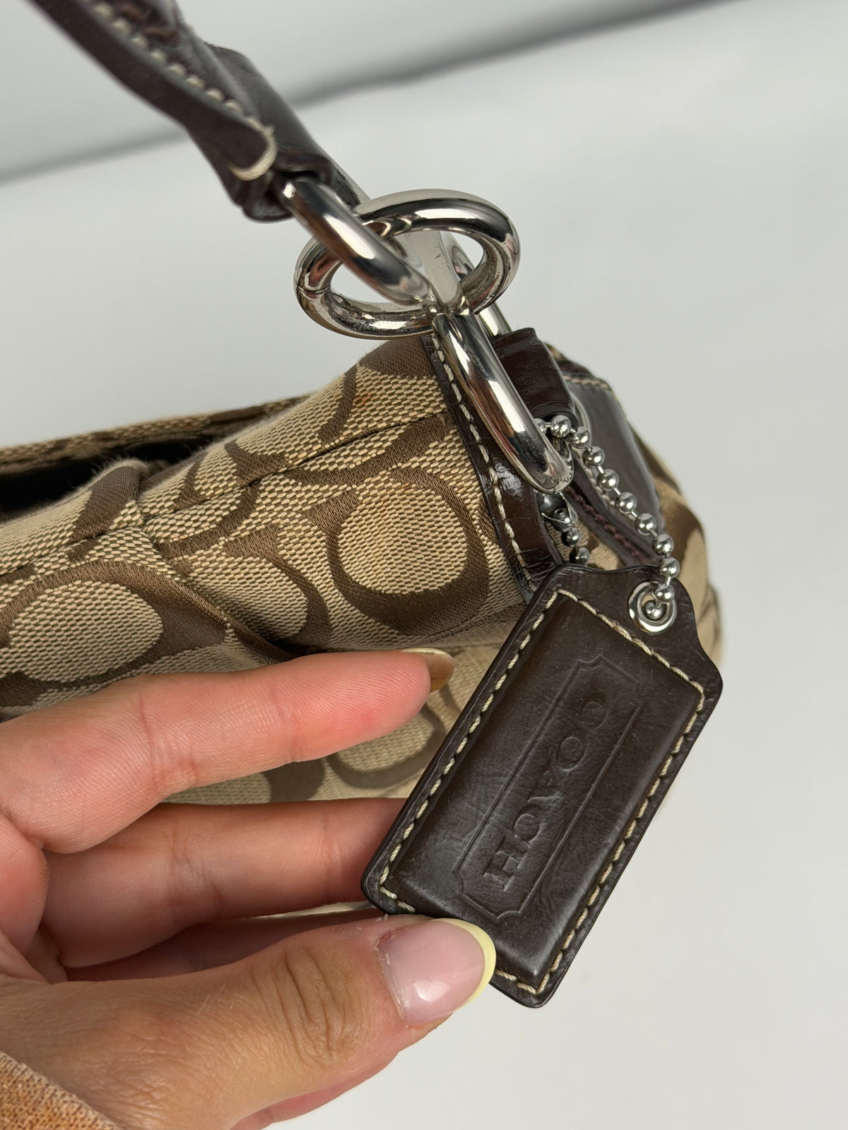 Coach F17093 Soho Signaure Brown Monogram Shoulder Bag Leather Trim